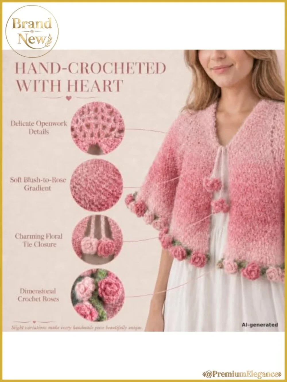 Hand Crocheted Floral Capelet Shawl Knitted Shoulder Wrap for Women